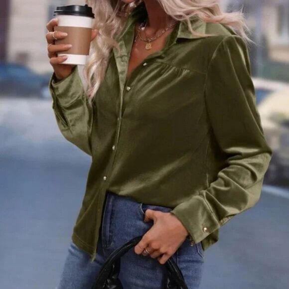 New Luxe Burgundy Velvet ButtonâDownâOversizedâShirtâTop - Picture 5 of 16